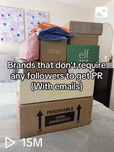 15M views TikTok post showing PR packages from brands